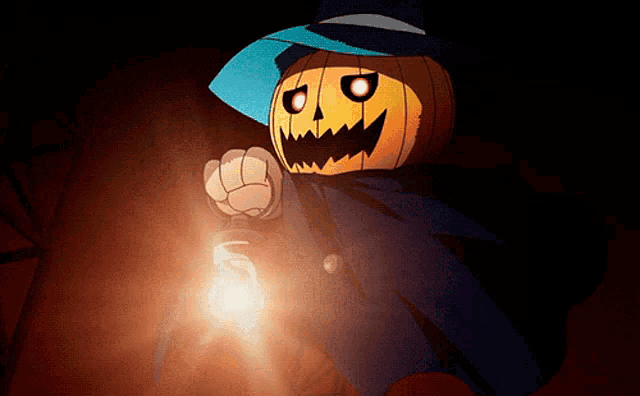 a cartoon character with a pumpkin head and a blue hat