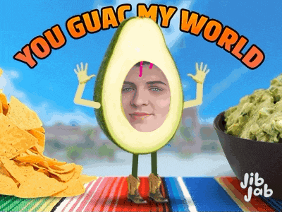 a cartoon of an avocado with a woman 's face in it and the words " you guac my world "