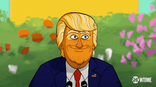 a cartoon of donald trump speaking into a microphone with showtime written on the bottom