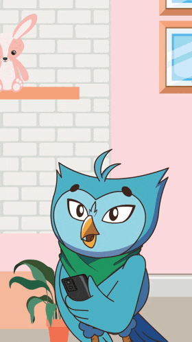 a cartoon of an owl holding a cellphone