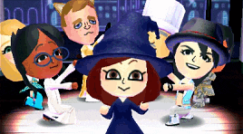 a group of cartoon characters are posing for a picture including a girl in a witch hat
