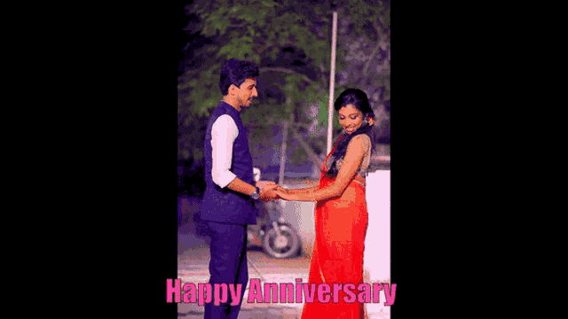 a man and a woman are holding hands with the words happy anniversary behind them