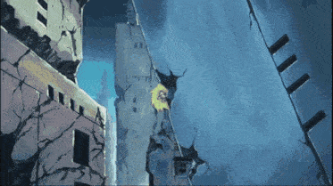 a cartoon drawing of a building with a hole in the wall
