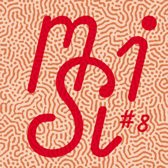 a red letter m is on a patterned background with # 8