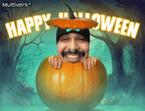 a man is peeking out of a pumpkin with the words happy halloween above him