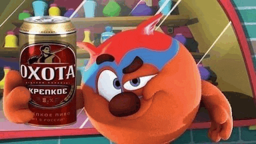 a cartoon character is holding a can of beer next to a can of beer .