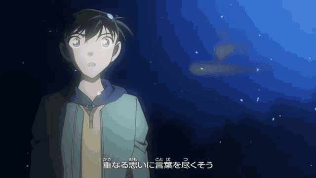 a boy in a green jacket stands in front of a blue sky with chinese writing