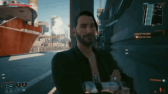 a man in a video game is talking about losing his religion and giving the monks