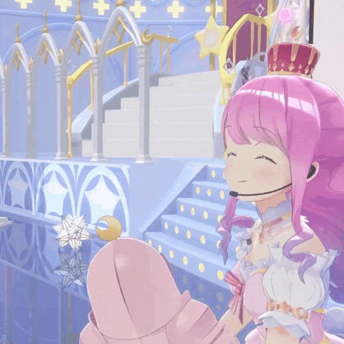 a girl with pink hair and a crown on her head is smiling