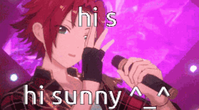 a cartoon character is singing into a microphone and says hi sunny .