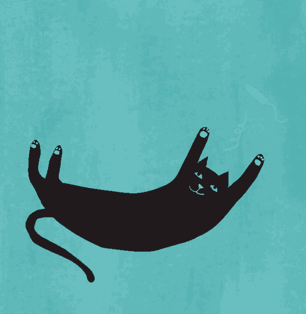 an illustration of a black cat laying on its back with a tampon in its mouth