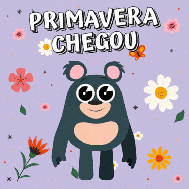 a cartoon bear is jumping in the air with the words primavera chegou behind him