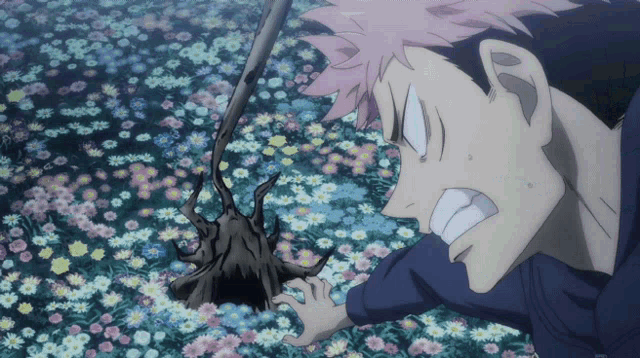 a cartoon character is standing in a field of flowers with a broom in his hand