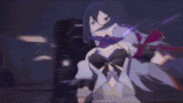 a person is holding a sword in a video game and a purple light is coming out of the sword .