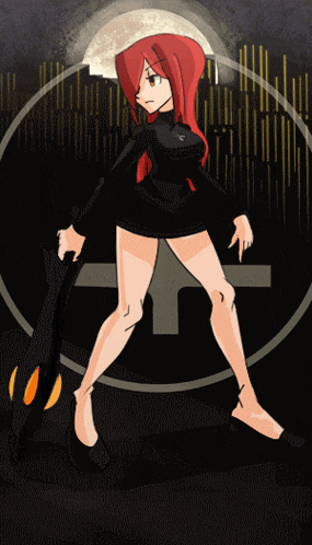 a cartoon drawing of a woman with red hair and a cross in the background