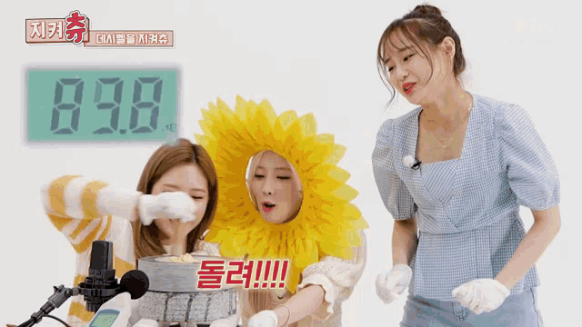 a woman in a sunflower costume stands in front of a scale with the number 89.8 on it