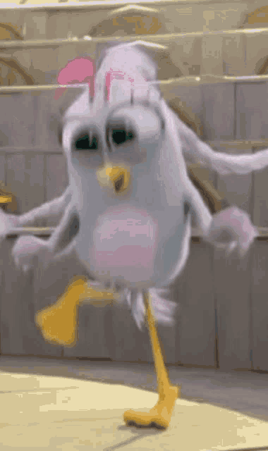 a cartoon bird with pink feathers and yellow legs is dancing