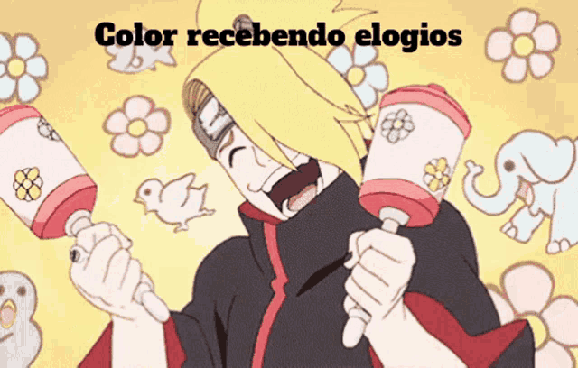 a cartoon of a man holding a hammer with the words color recebendo elogios written above him