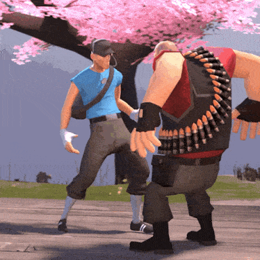 a man in a blue shirt is standing next to a man with a bullet belt on his back