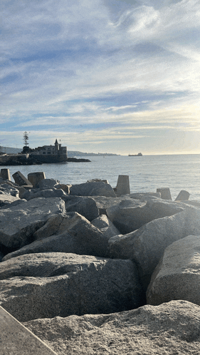 a large rocky shoreline with a lighthouse in the distance