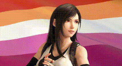 tifa from final fantasy vii is standing in front of a lesbian flag .