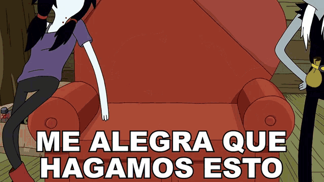 a cartoon character is sitting in a chair with the words me alegra que hagamos esto written below her