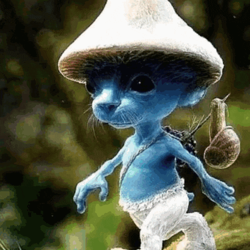a blue smurf wearing a mushroom hat and holding a snail on his back .