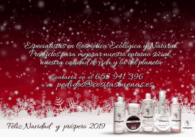 a red background with white snowflakes and the words especialistas en cosmetica ecologica y natural on it