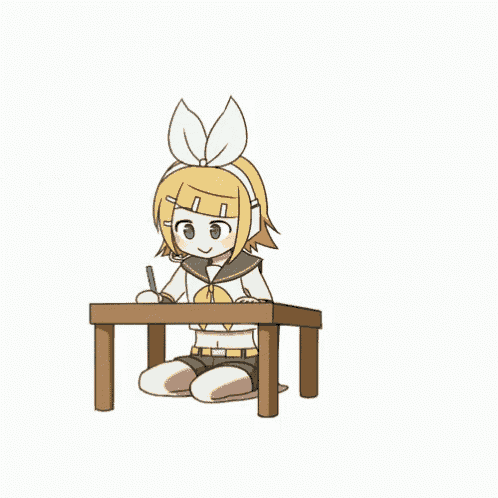 a cartoon of a girl sitting at a table holding a pen