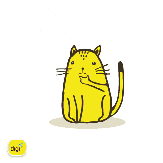 a yellow cat with a question mark in a thought bubble next to a digi logo