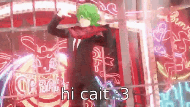 a man with green hair is standing in front of a neon sign that says hi cait 3