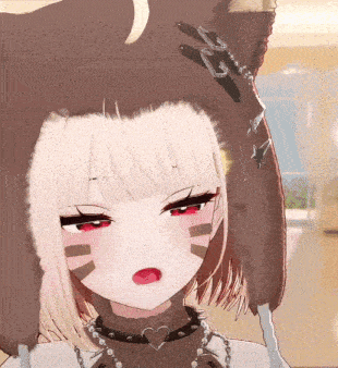 a close up of a girl wearing a furry hat and a choker