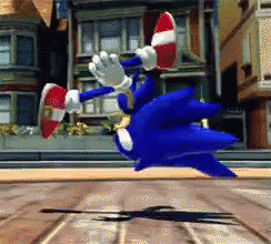 sonic the hedgehog is jumping in the air in front of a building