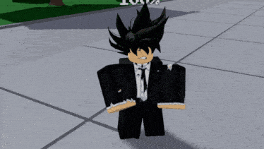 a cartoon character in a suit and tie is running on a sidewalk with a 100 % sign above him