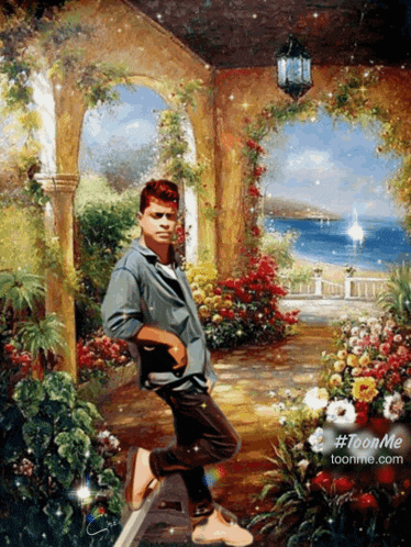 a painting of a man standing in a garden with the website toonme.com in the lower right corner