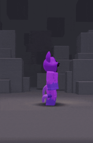 a purple cartoon character with a yellow letter c around its neck