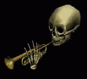 a skeleton is blowing a trumpet in a pixel art style