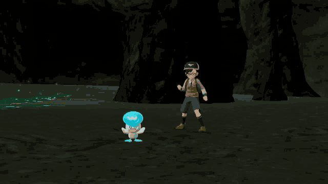 a boy in a yellow vest stands next to a blue and white duck
