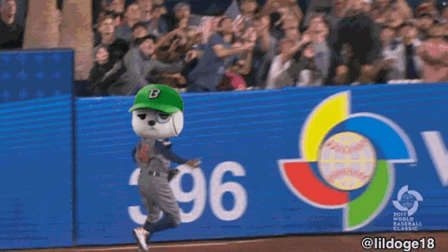 a mascot is running on a baseball field in front of a banner that says ' world baseball classic '