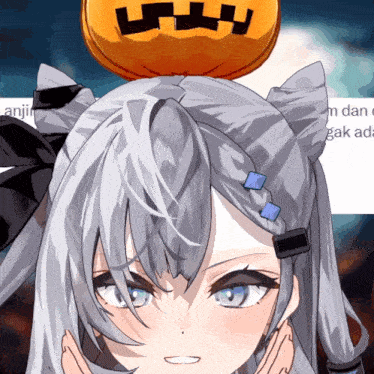 a girl with a pumpkin on her head with a checkered face