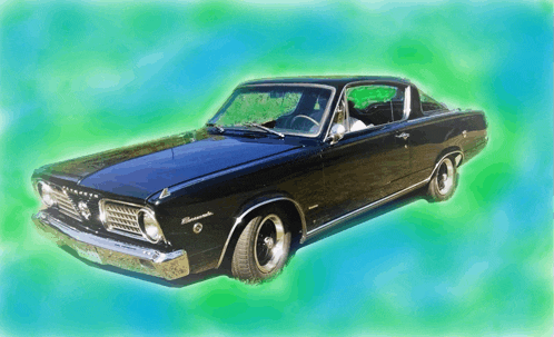 a black plymouth barracuda with a green background