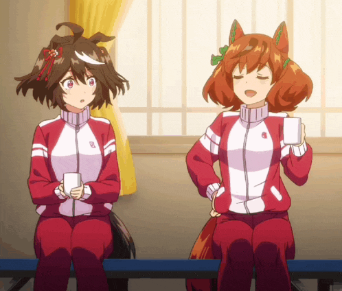 two anime girls are sitting on a bench and one is holding a cup of coffee