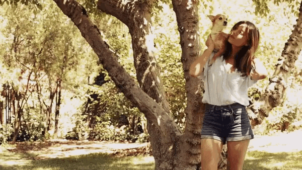 a woman is standing under a tree holding a small dog .