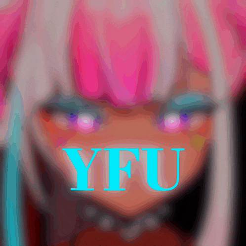 a close up of a girl 's face with the word yfu in blue