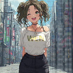 a girl with pigtails is wearing a shirt that says wen on it