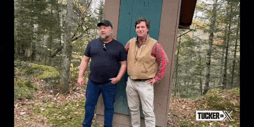two men are standing next to each other in front of a wooden shed with tucker x written on the bottom