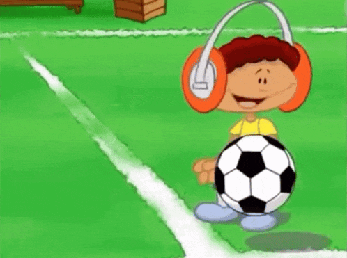 a cartoon character wearing headphones is holding a soccer ball on his head