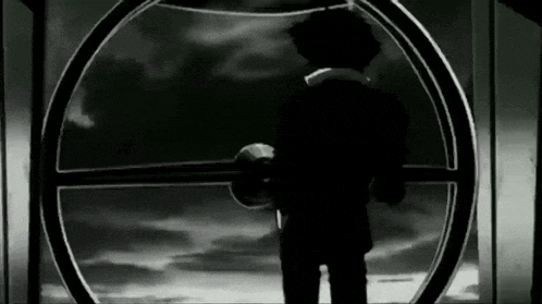 a black and white drawing of a man standing in front of a window .