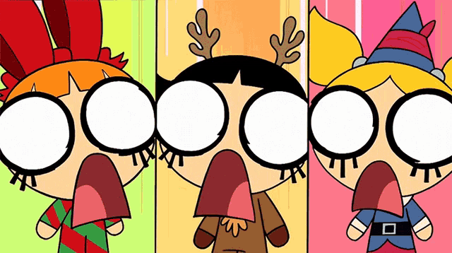 three cartoon characters are standing next to each other with their eyes closed