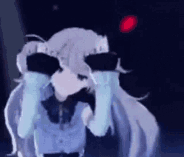 a cartoon girl with long white hair is covering her eyes with her hands .